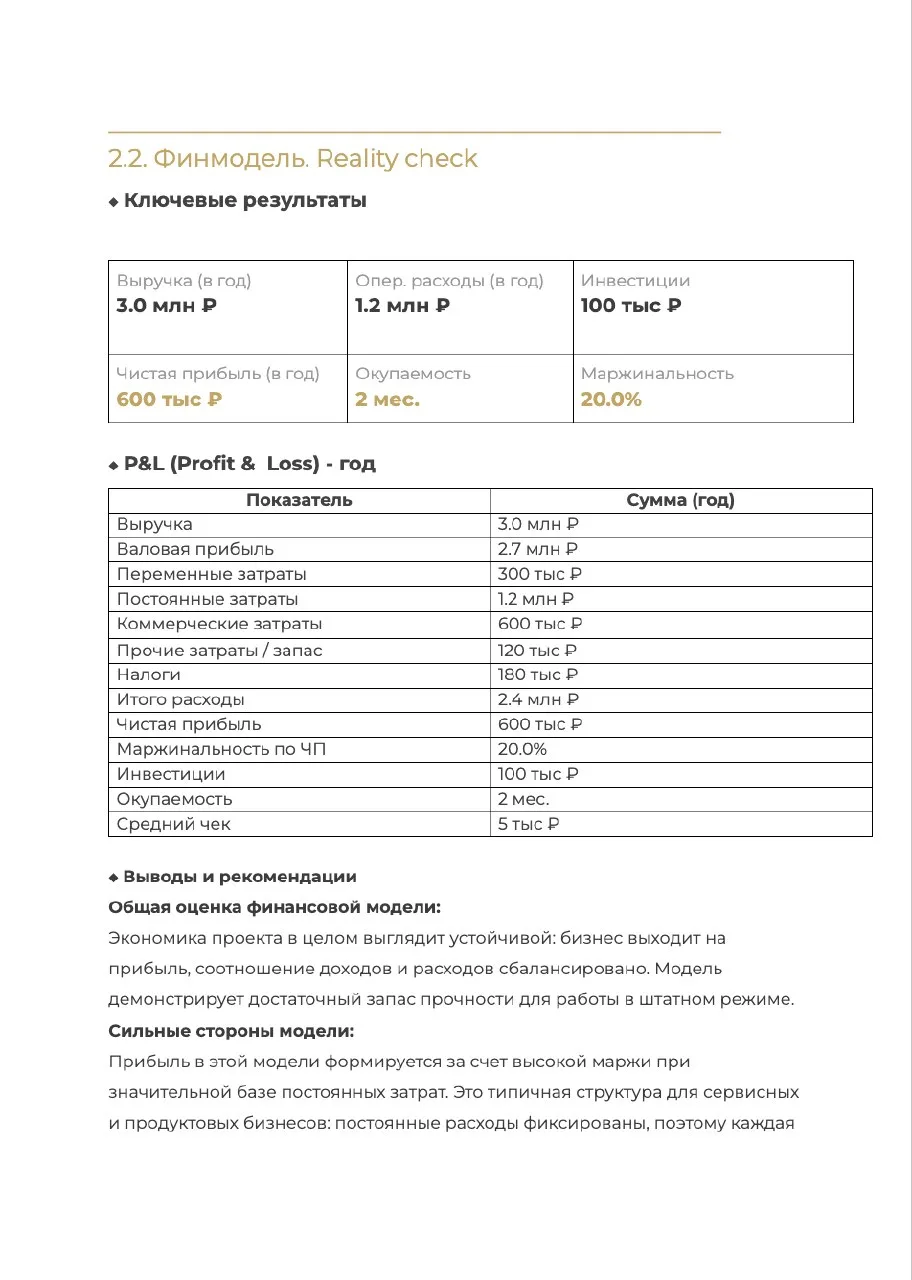 Пример страницы документа: финансовая модель и P&L-таблица